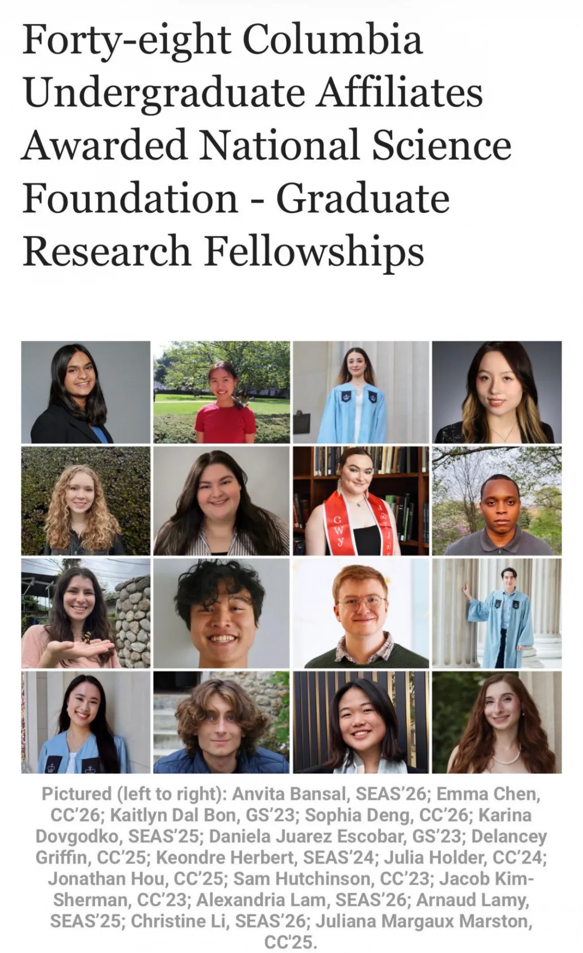 Forty-eight Columbia Undergraduate Affiliates Awarded NSF - Graduate Research Fellowships